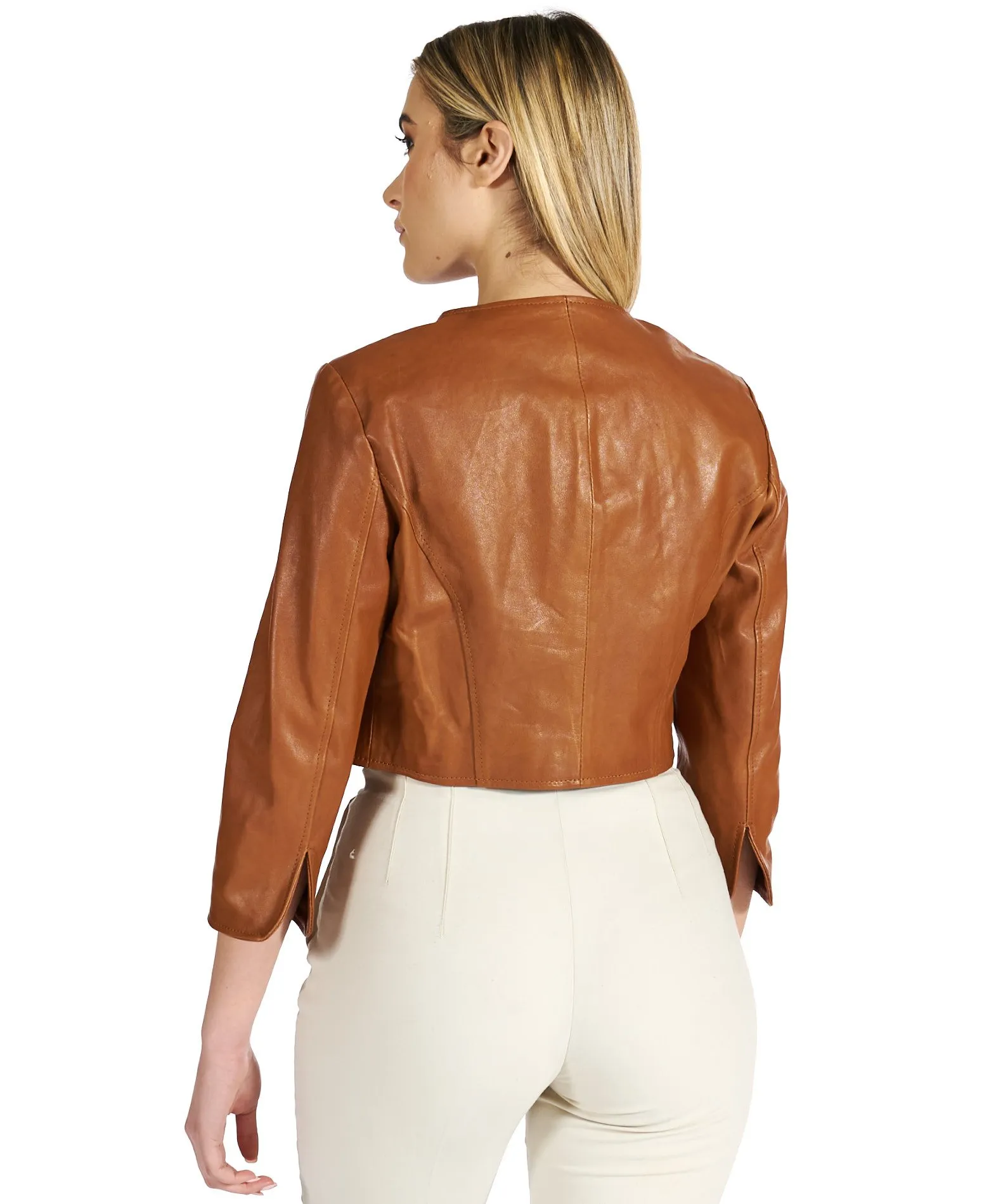 Boléro cuir femme col rond cuir d'agneau couleur cognac Miss