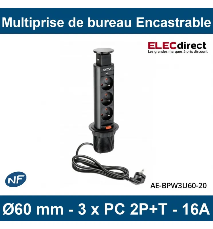 GTV Lighting - Multiprise Encastrable fi60 - 3 x PC 2P+T - Noir - Ronde - Ø60 mm - Réf : AE-BPW3U60-20