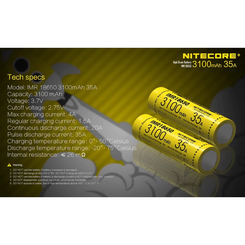 Pack 2 batteries rechargeables Nitecore IMR18650 3100mAh 35A | LeonLED