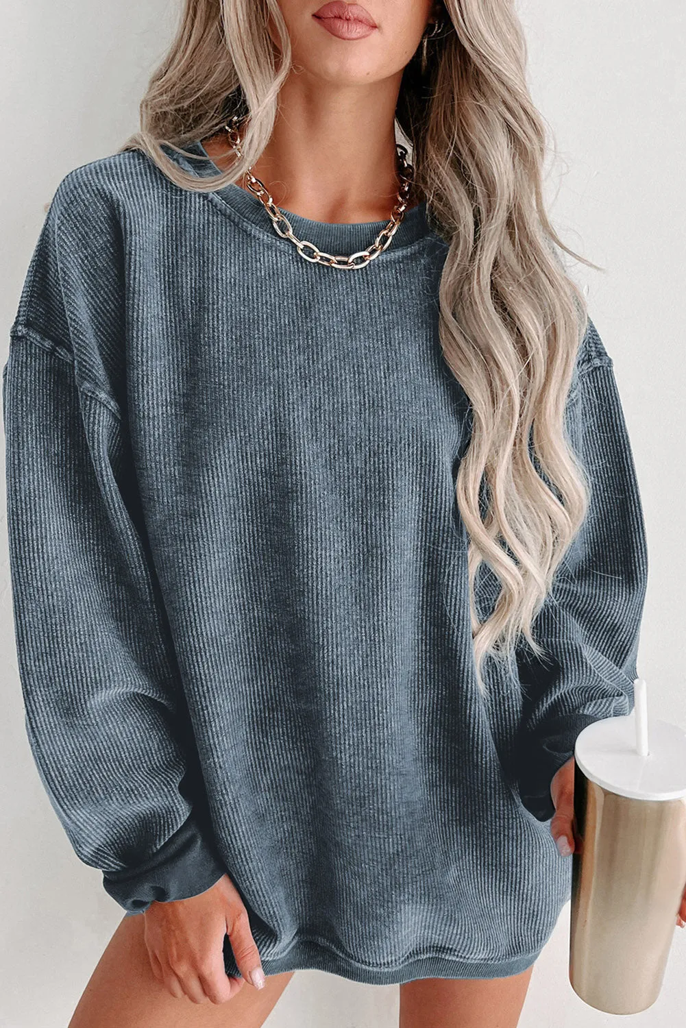 Sweat-shirt bleu uni en tricot ctelé à col rond