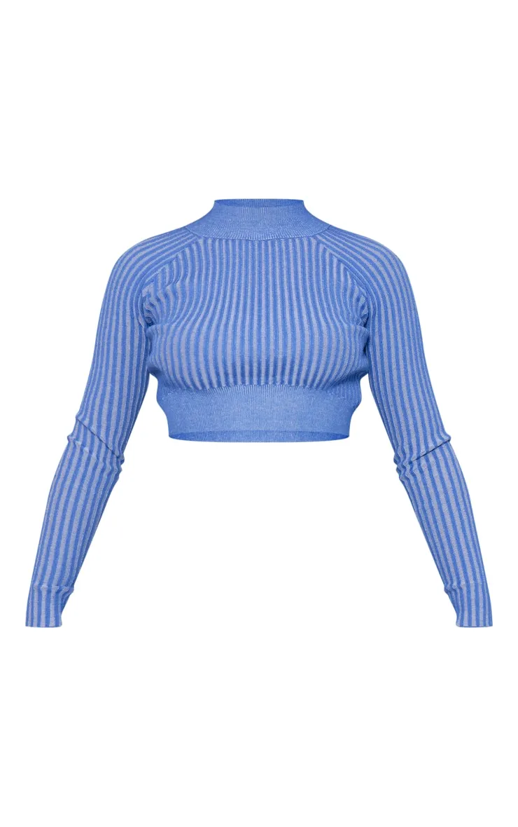 Top en maille tricot côtelée bleu bicolore à manches longues